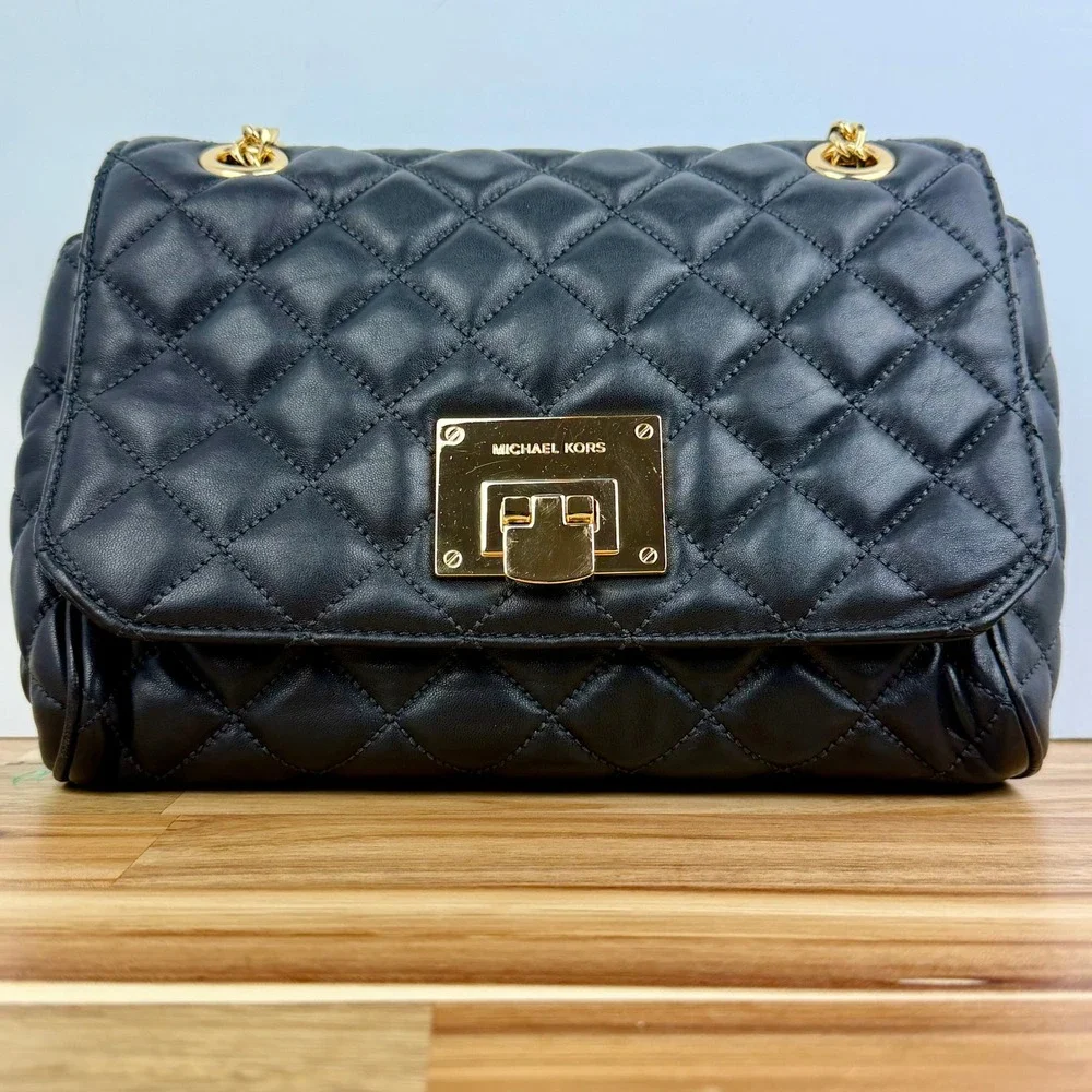 Michael Kors Sloan Quilted Leather Shoulder Bag Black Gold Chain Flap